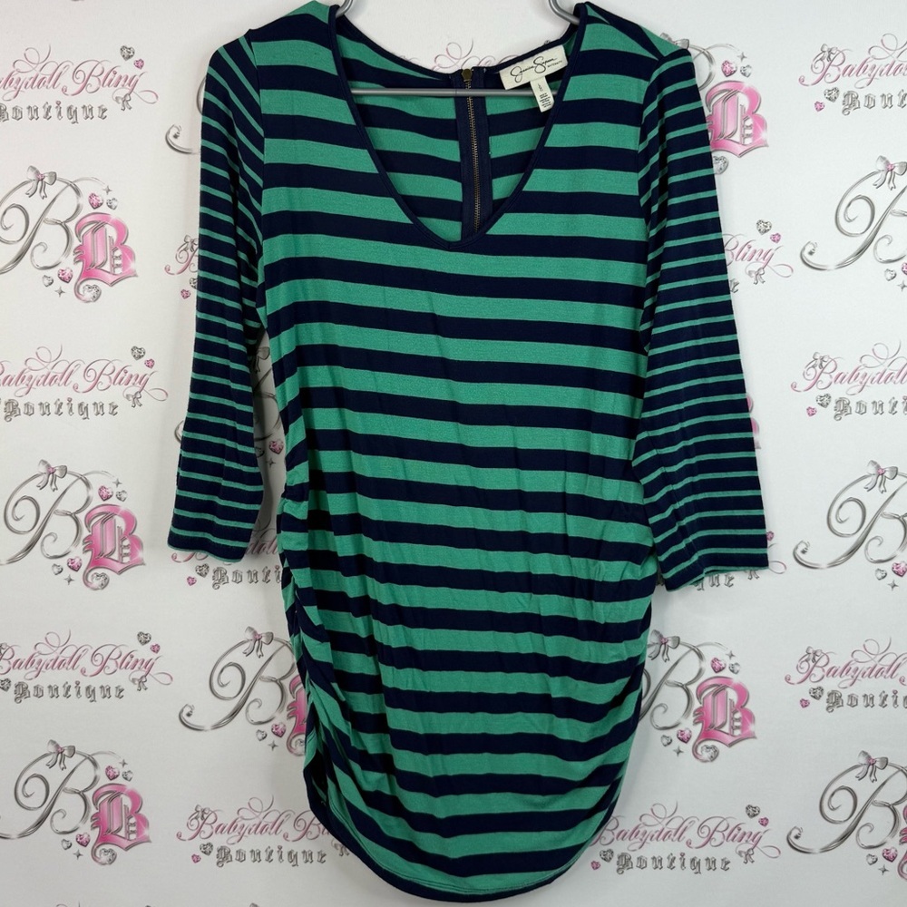 Jessica Simpson maternity shirt zip up Green navy Black Striped Long Sleeve Top